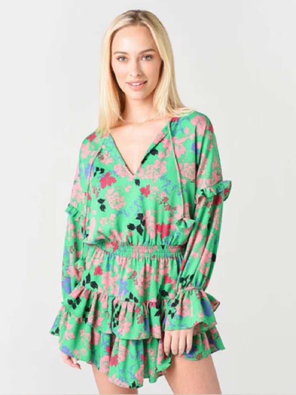 MISA Los Angeles Amalya Long Sleeve Mini Dress Floral Crepe Peony Green Medium